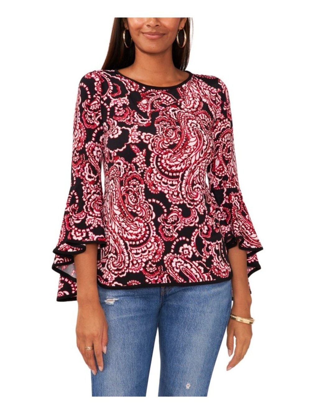 Sam & Jess Women's Bell-Sleeve Top Black Pink Size S MSRP $59